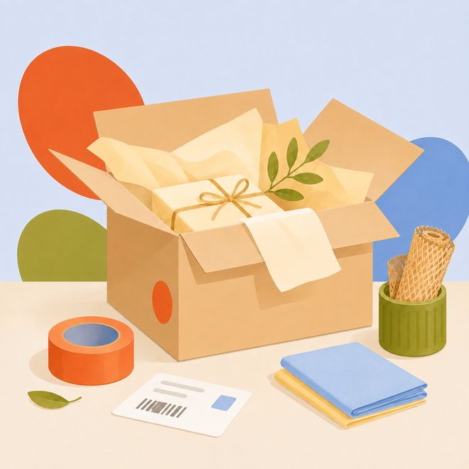 A packing table with an open cardboard box, tissue paper, tape, a shipping label and honeycomb wrap